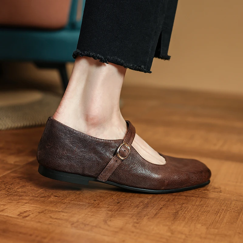 水洗油蜡头层马皮/春夏季复古平底真皮单鞋百搭一字带玛丽珍鞋子