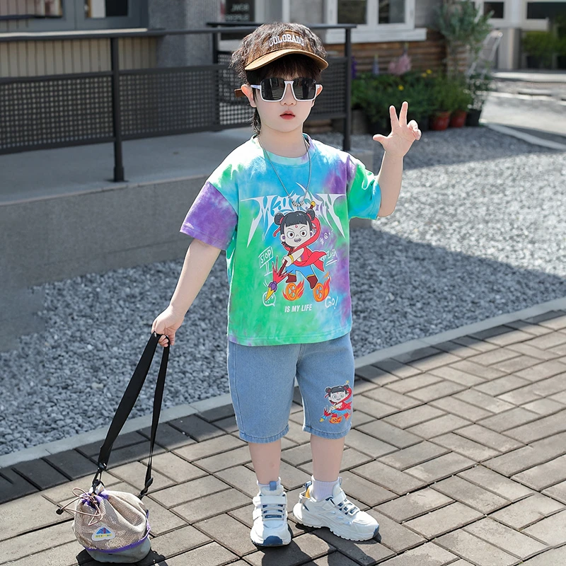 哪吒衣服男童夏季套装儿童夏装2025新款洋气宝宝痞帅男孩短袖服装