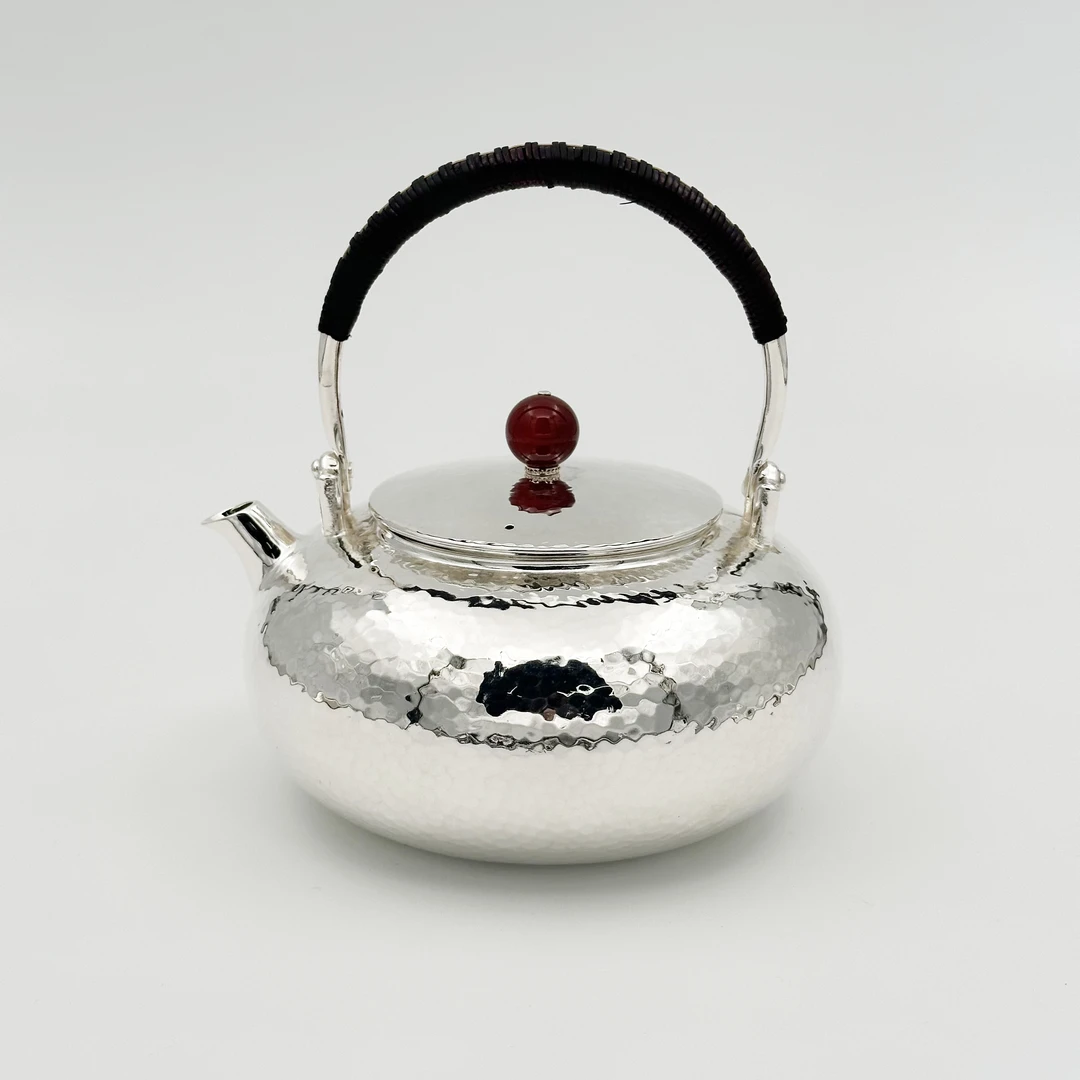 手工素面锤纹扁腹提梁煮茶烧水壶999