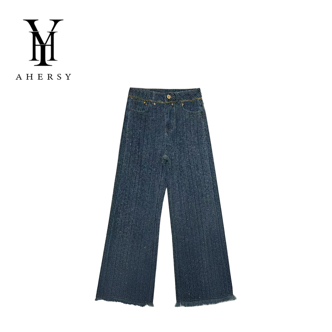 AHERY-秋季字母C82刺绣印花小香风高腰卷边垂感直筒休闲裤B200