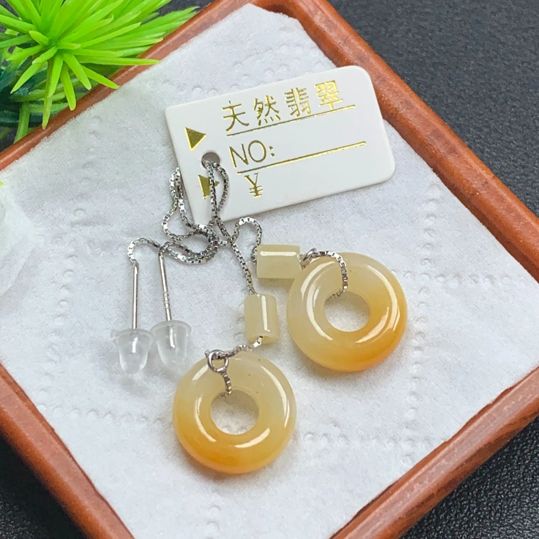 天然缅甸翡翠A货冰种胶黄翡S925银甜甜圈耳坠尺寸12.9*4*4.5