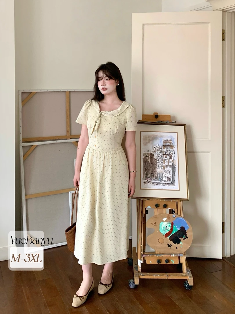 月半鱼【艳阳天】夏季法式清新少女波点蝴蝶结兔耳朵连衣裙约会