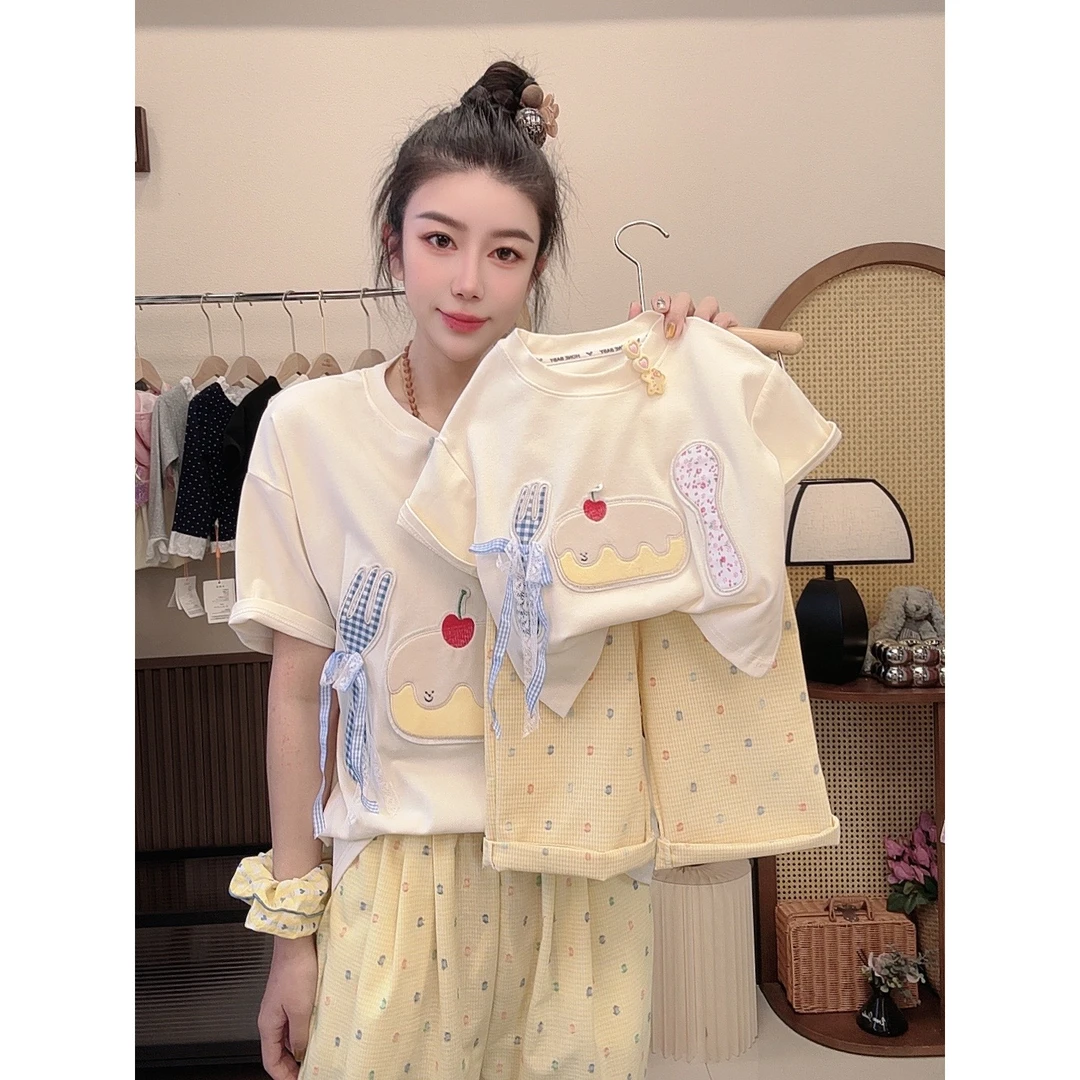 【樱桃蛋糕】夏季新款自制重工刺绣女童亲子装短袖T恤点点格子裤