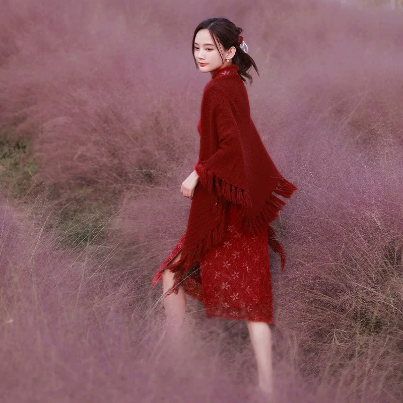 特价!秋冬蕾丝红色改良旗袍加绒加厚年轻拜年服结婚订婚礼服新娘