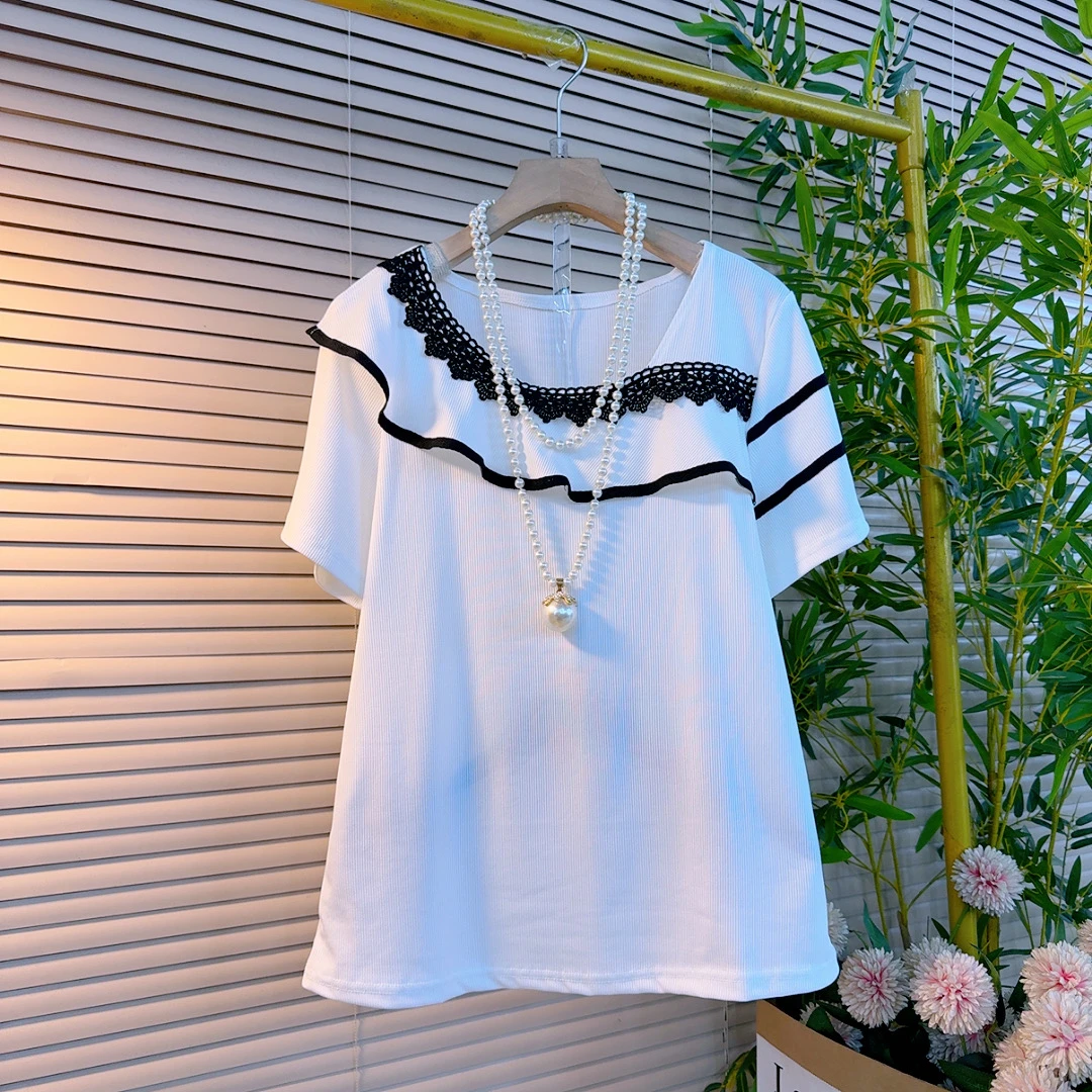 658胖mm夏季新款时尚斜领拼色荷叶边气质减龄显瘦设计感百搭短袖