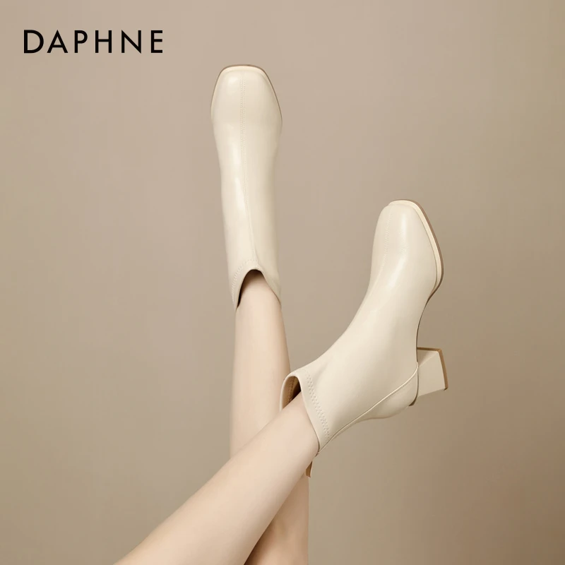 达芙妮【跟高5公分】2025年粗跟春秋靴子中筒靴切尔西烟筒靴瘦瘦靴