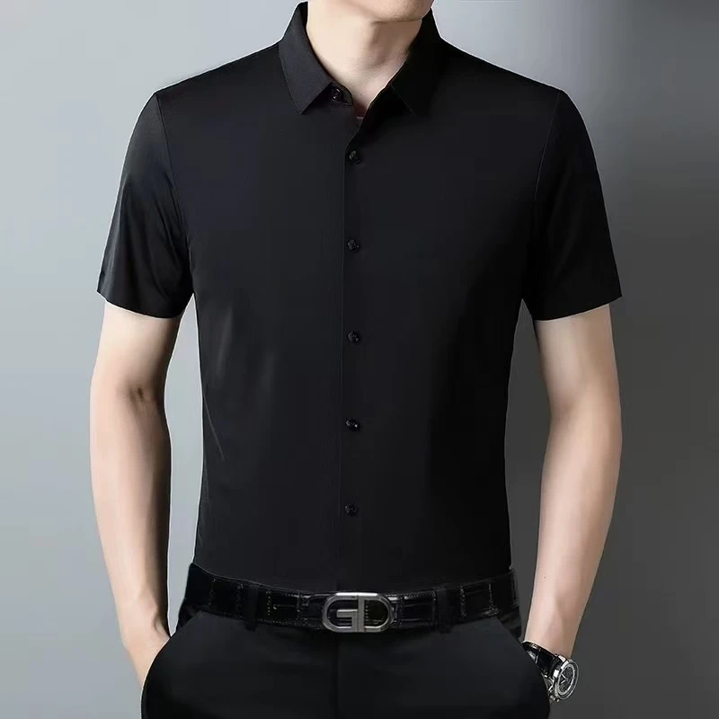 夏季2025新款男短袖男士弹力翻领无痕衬衫上衣薄款商务开衫短袖