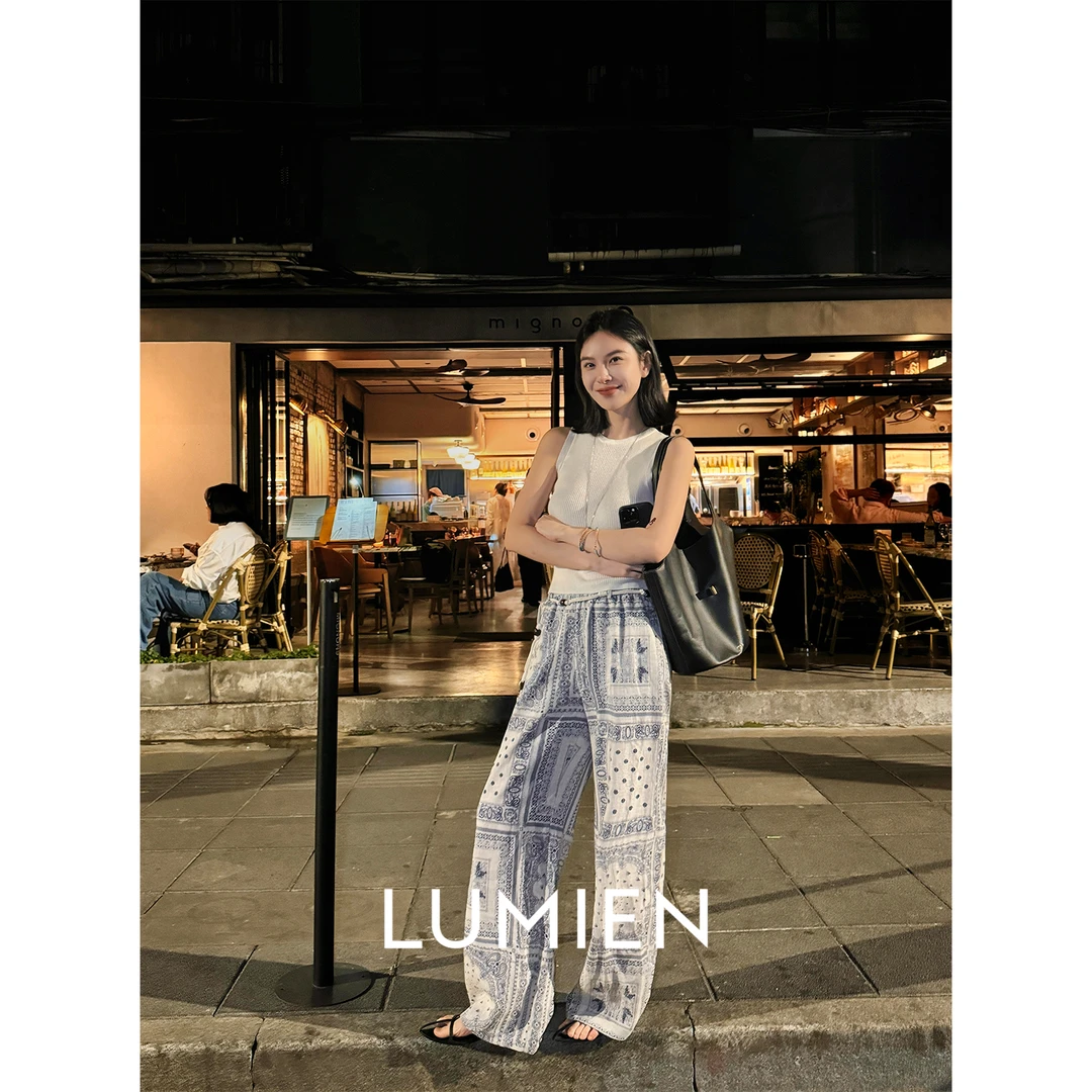 【LUMIEN】度假风拼接图案印花天丝亚麻宽松直筒休闲长裤LX5CKK083