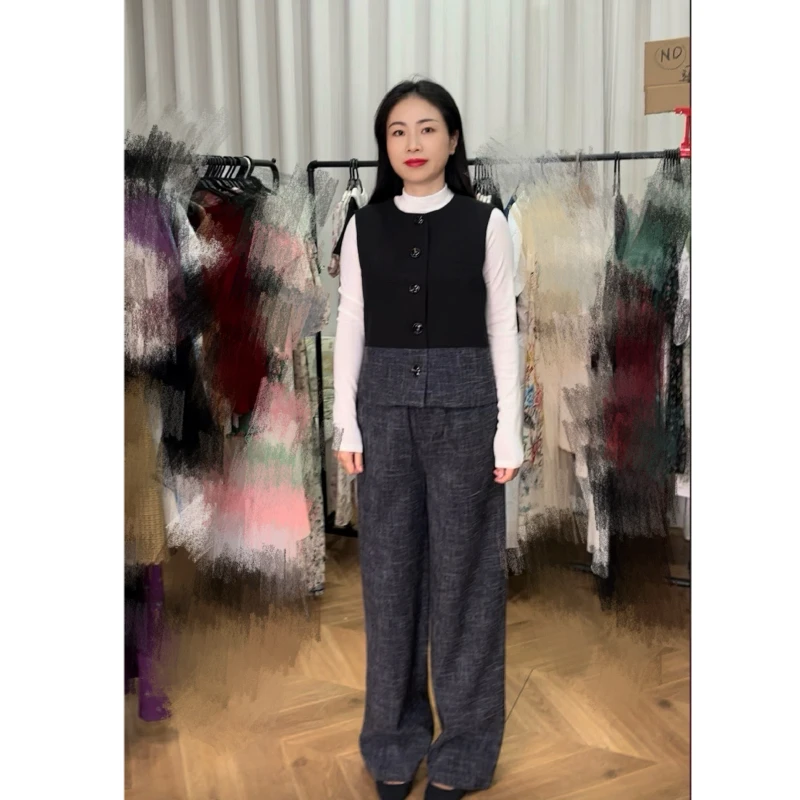 【若衣】干练套装·撞色单排扣无袖上衣+高腰阔腿长裤250060