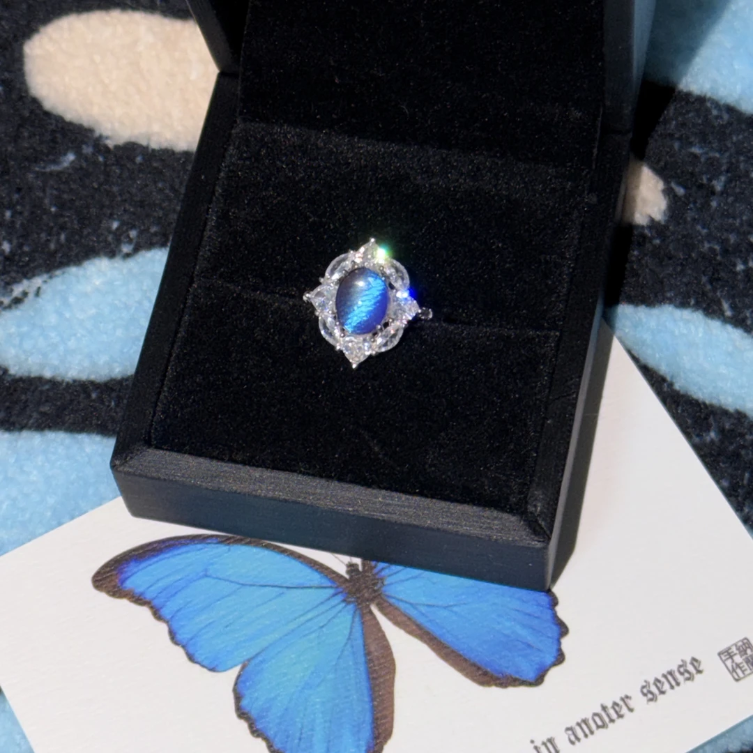 纯银光明女神蝶翅首饰鸽子蛋轻奢戒指活口可调节