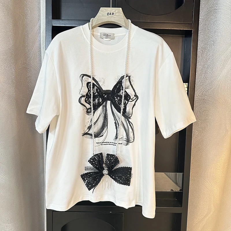 QB【旧梦苏黎】新款蝴蝶结小众时尚印花休闲舒适圆领短袖T恤251041