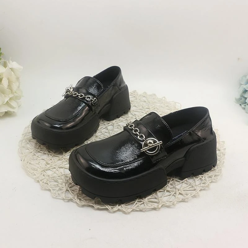 【高奢&达人款】厚底TCZE乐福鞋黑色方头炼条休闲 鞋粗跟时尚情侣