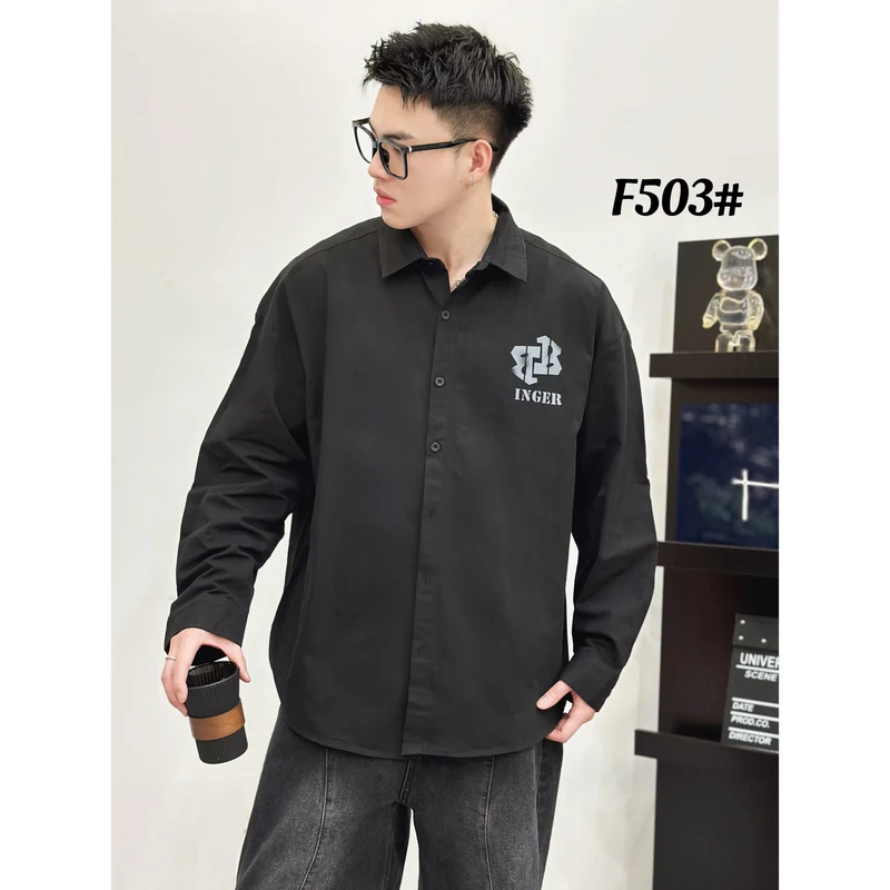 黑 2024春秋轻奢高级流行时尚宽松翻领休闲衬衣外套503
