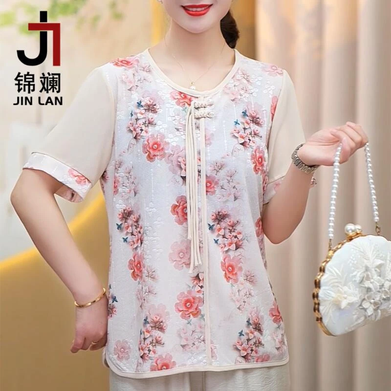 锦斓妈妈夏季水溶软冰丝短袖弹性上衣服新国风中老年圆领T恤套装