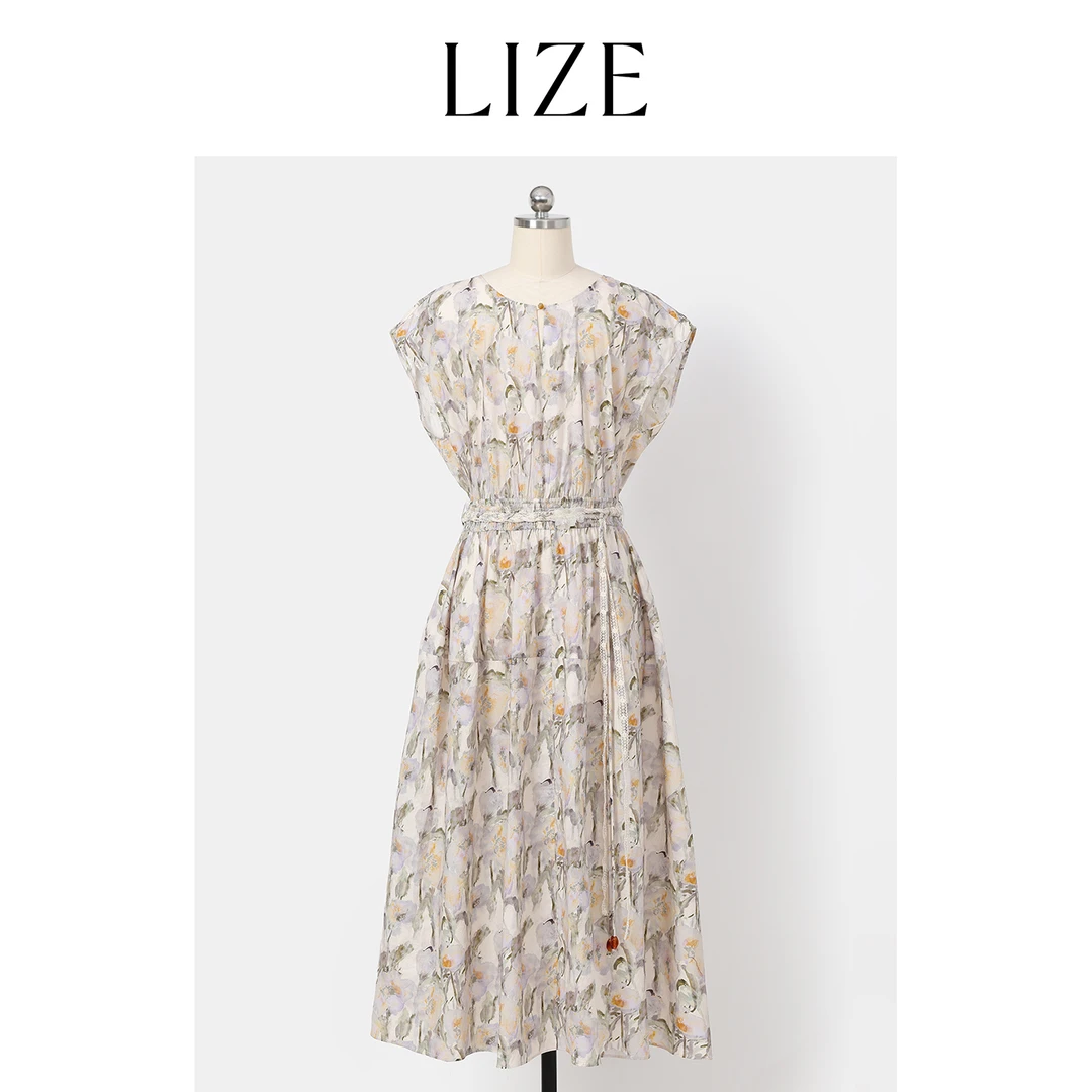 LIZE「清墨鸢尾」定纺纯棉.vintage花卉收腰连衣裙ZEA0337