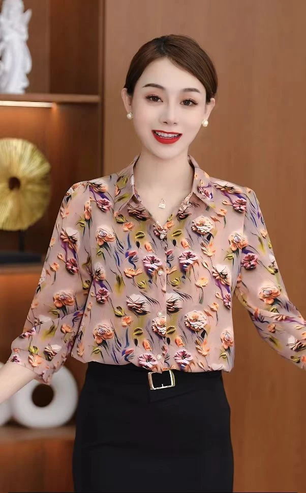 2025夏季新品女装时尚靓丽显瘦遮肉气质减龄开衫印花七分袖衬衫5