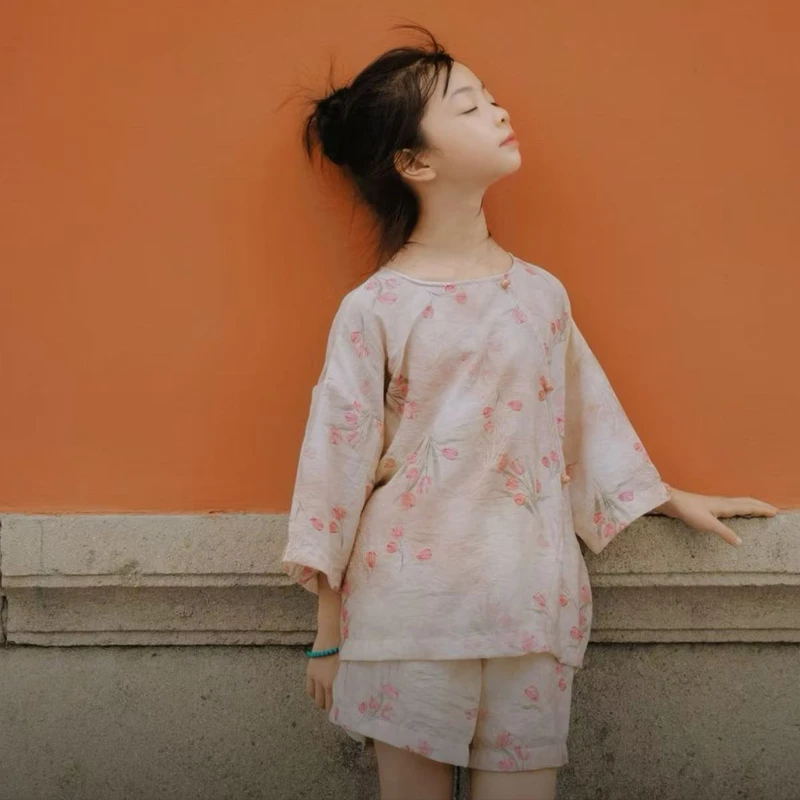 【桃之夭夭】女童套装洋气小女孩夏季新中式国风两件套中大童夏装