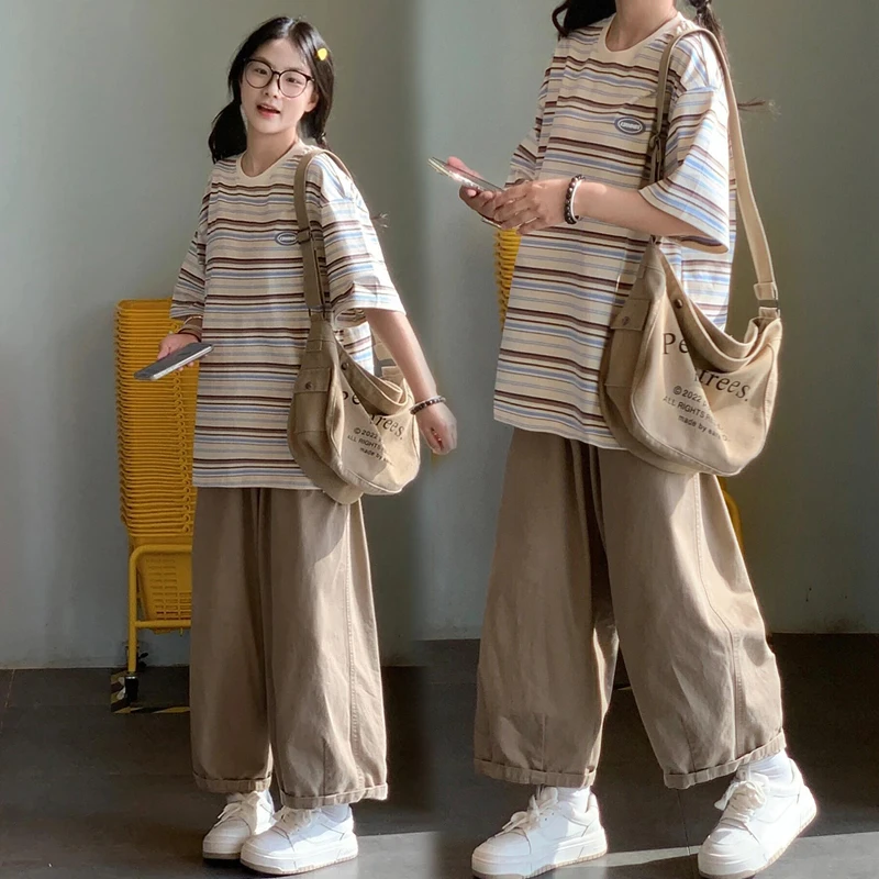 韩系慵懒风大码套装夏天条纹上衣阔腿裤休闲运动服洋气减龄两件套
