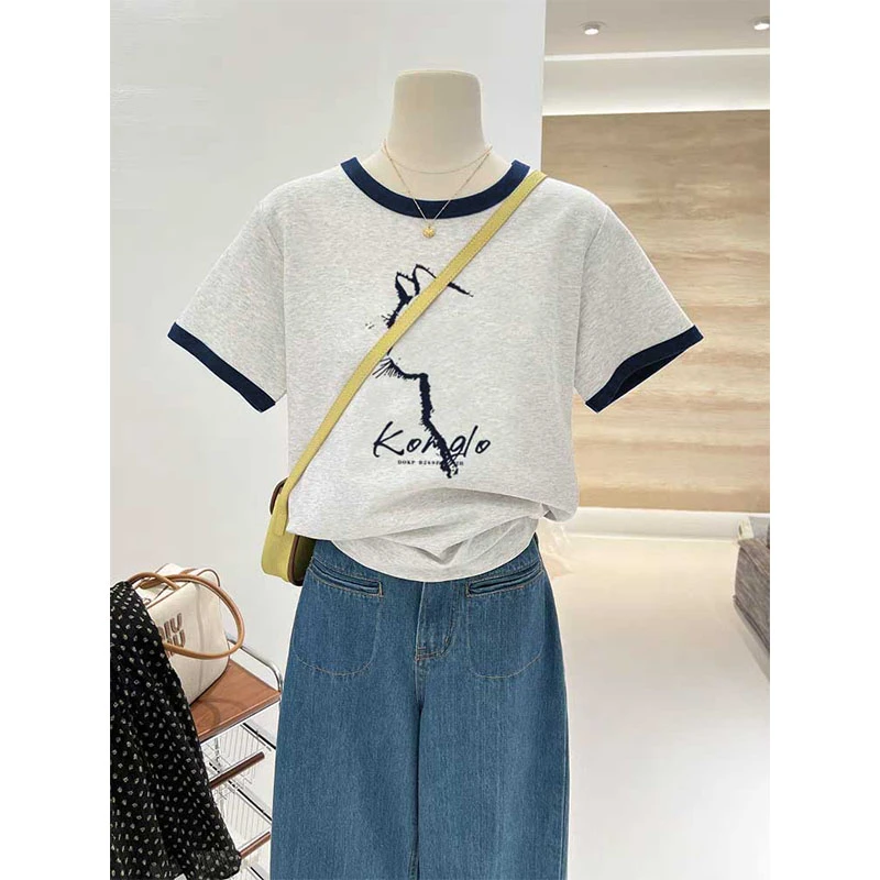 2025夏季新款圆领短袖t恤女设计感小众宽松打底衫洋气拼接上衣潮