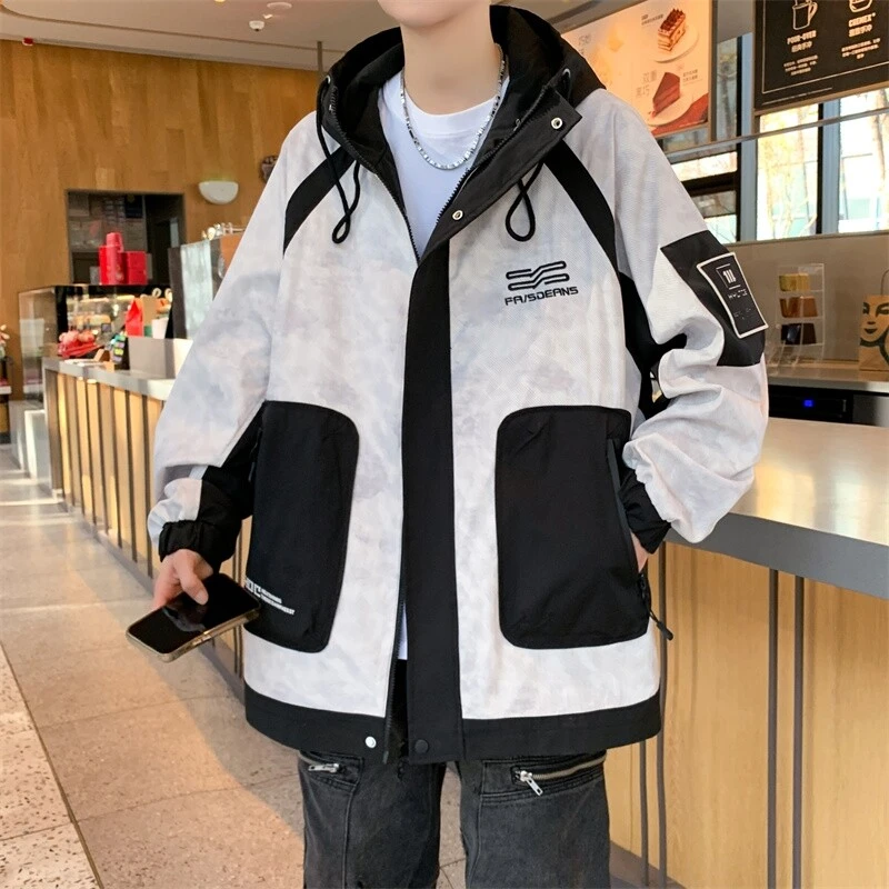 春秋新款撞色连帽夹克韩版ins春装开衫青少年潮男ins学生冲锋衣男