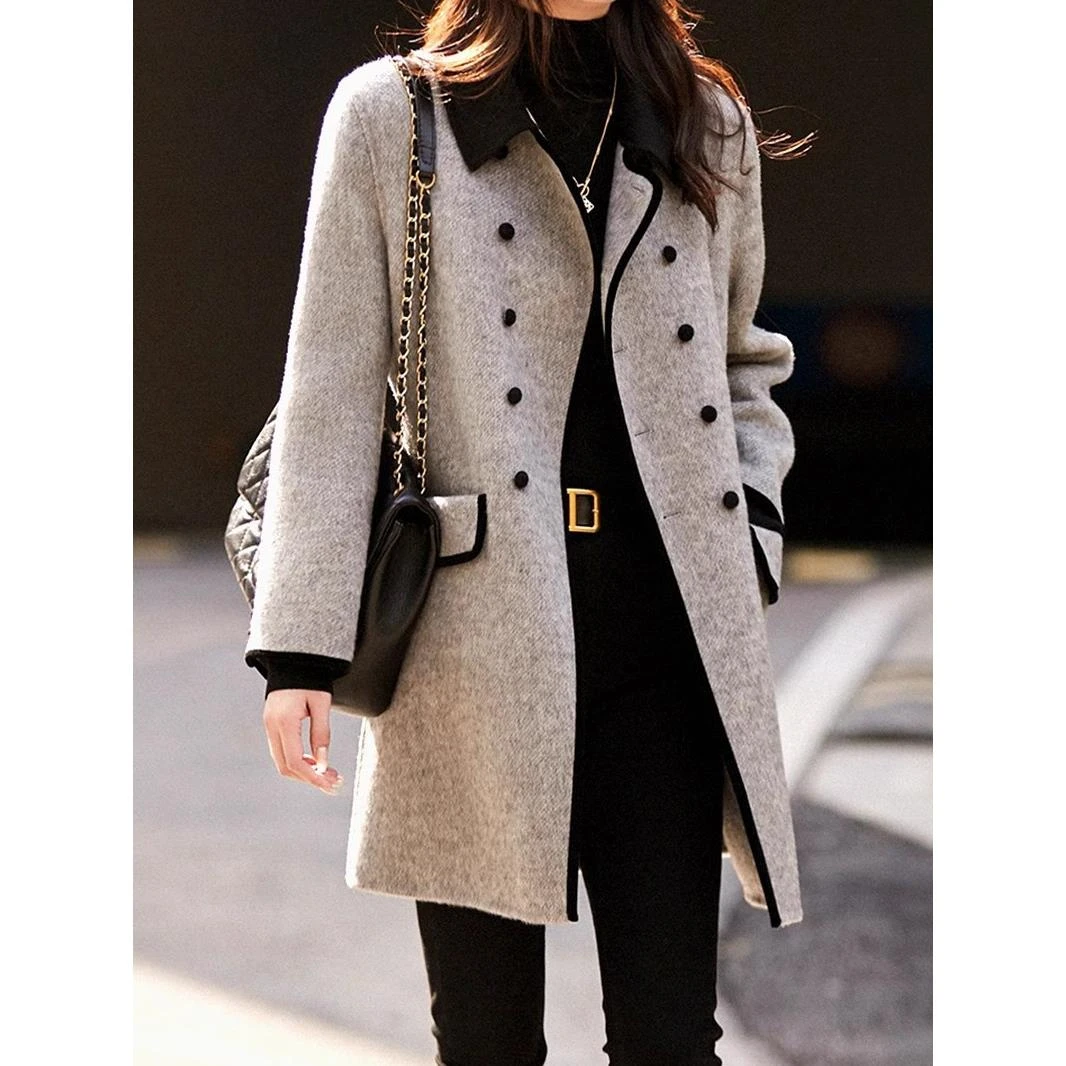 【万达撤柜】正品哥家女装2025秋冬高级感翻领中长款毛呢灰色夹加厚