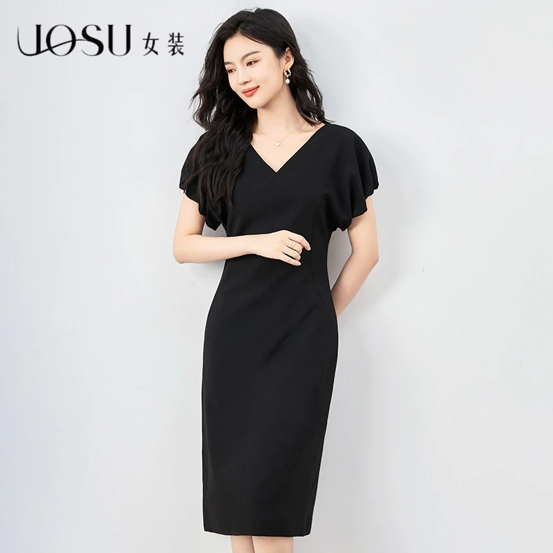 UOSU女装法式极簡设计感收腰连衣裙女夏款气质海鸥V领通勤显瘦新