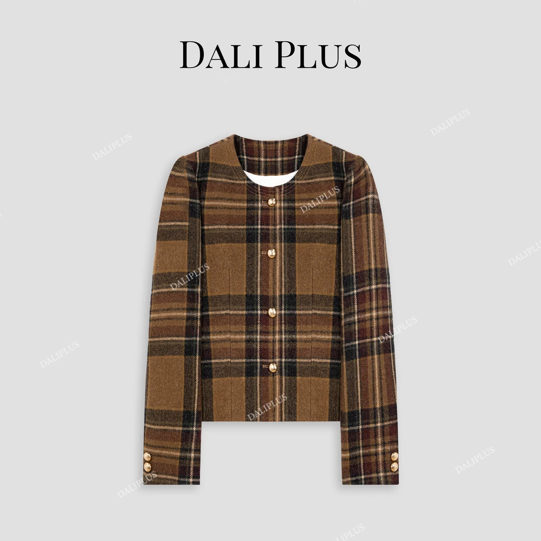 DALI PLUS100羊毛呢咖色格子轻薄款鸭绒服小香风羽绒服-D4MM0496