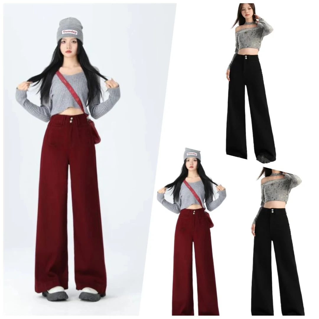 轻奢1-1安克拉红窄版阔腿高腰显瘦宽松牛仔裤