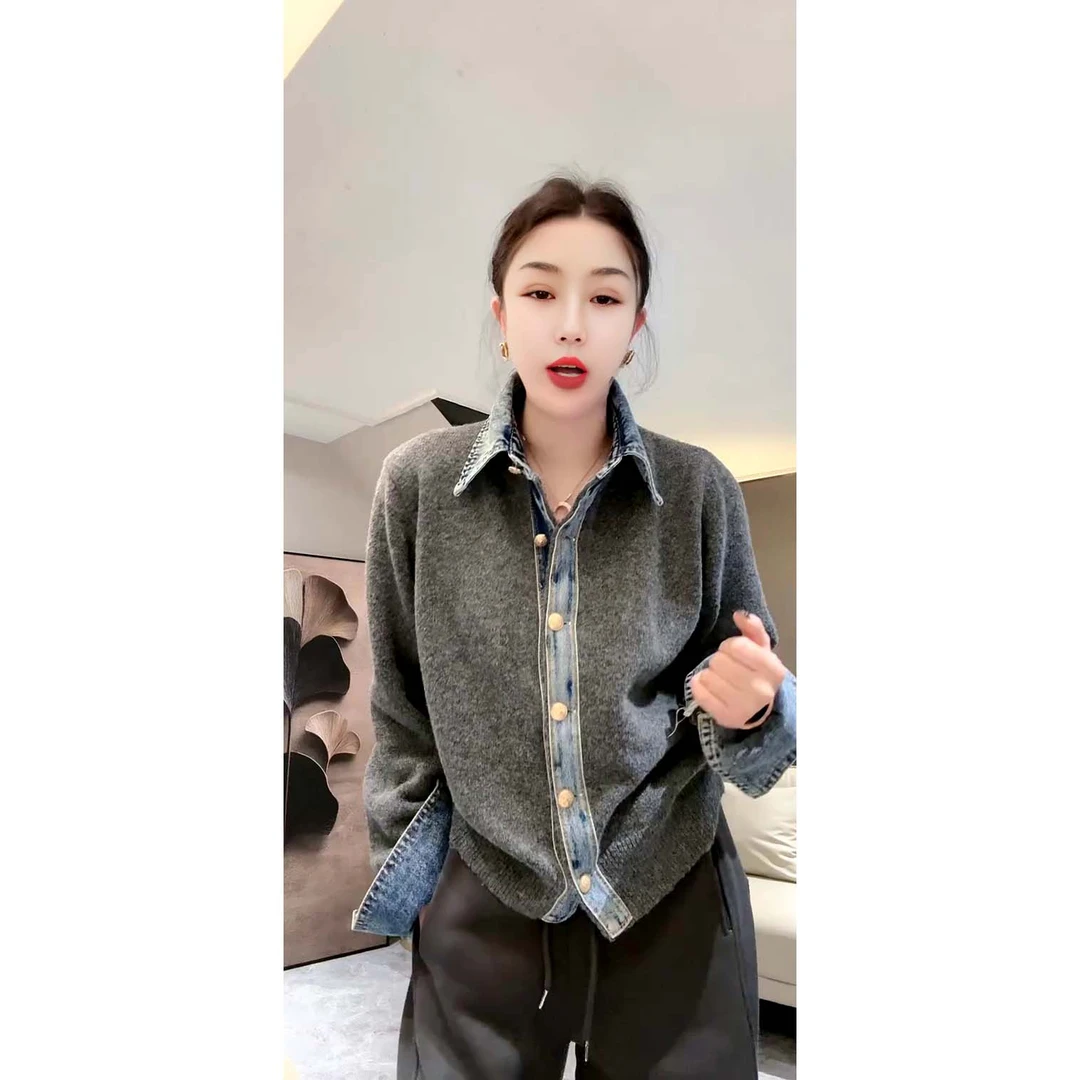 韩版重工翻领牛仔拼接毛衣开衫时尚宽松假两件长袖毛衣