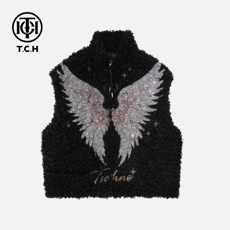TCH-时尚潮牌翅膀星星烫钻黑色毛毛马甲女装T701E5000
