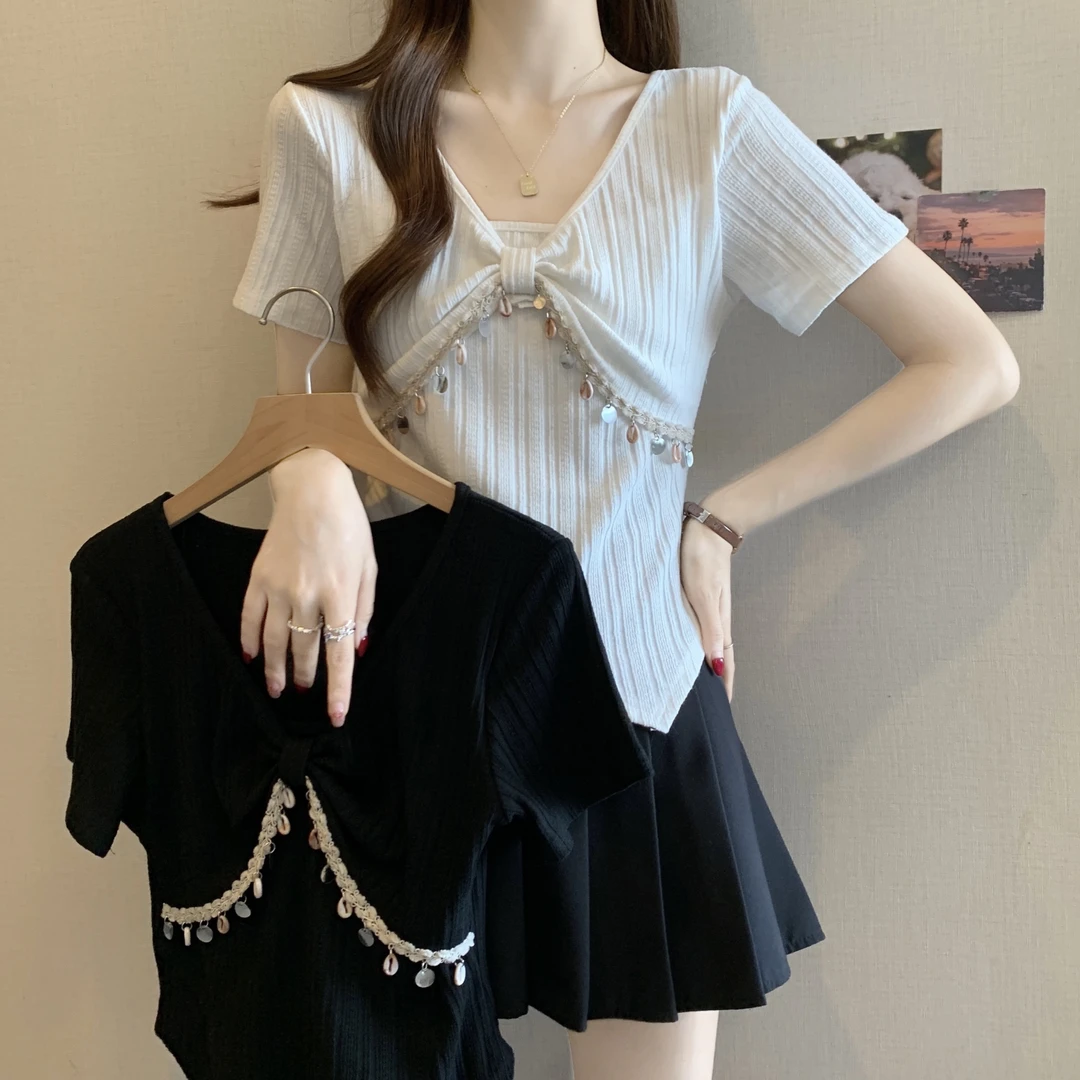 法式小众时尚扭结亮片设计感短袖t恤女夏季纯欲不规则显瘦上衣潮