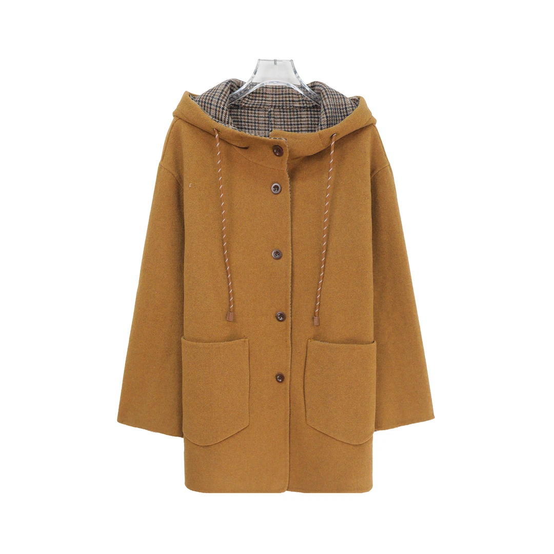 格子拼接连帽气质中长款学院风毛呢外套DY2572