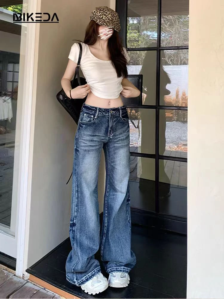 美式复古微喇牛仔裤女高街辣妹高腰宽松百搭直筒阔腿拖地喇叭裤子