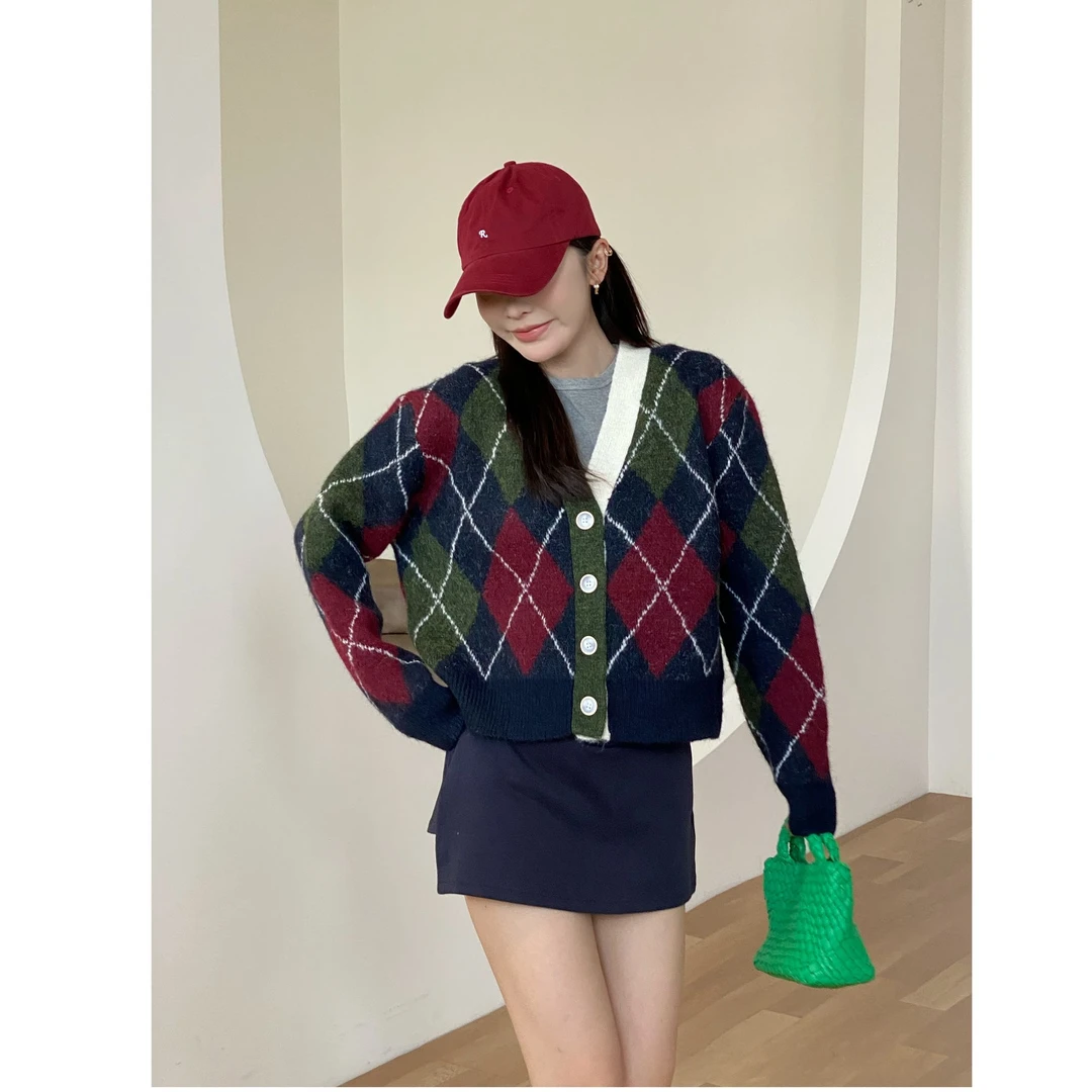 【菱形格】复古菱格V领针织开衫
