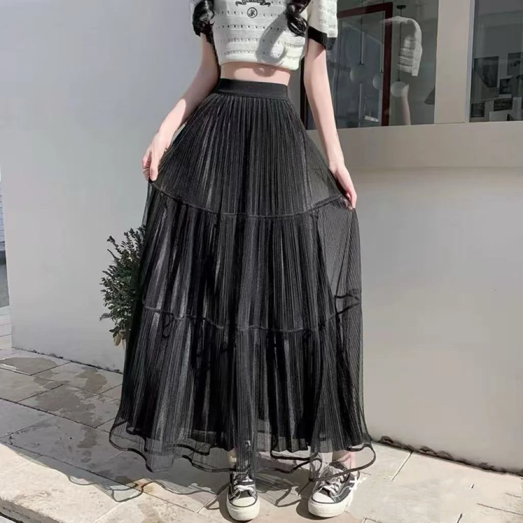 【8620】春季新款轻奢风高品质洋气网纱百褶半身长裙