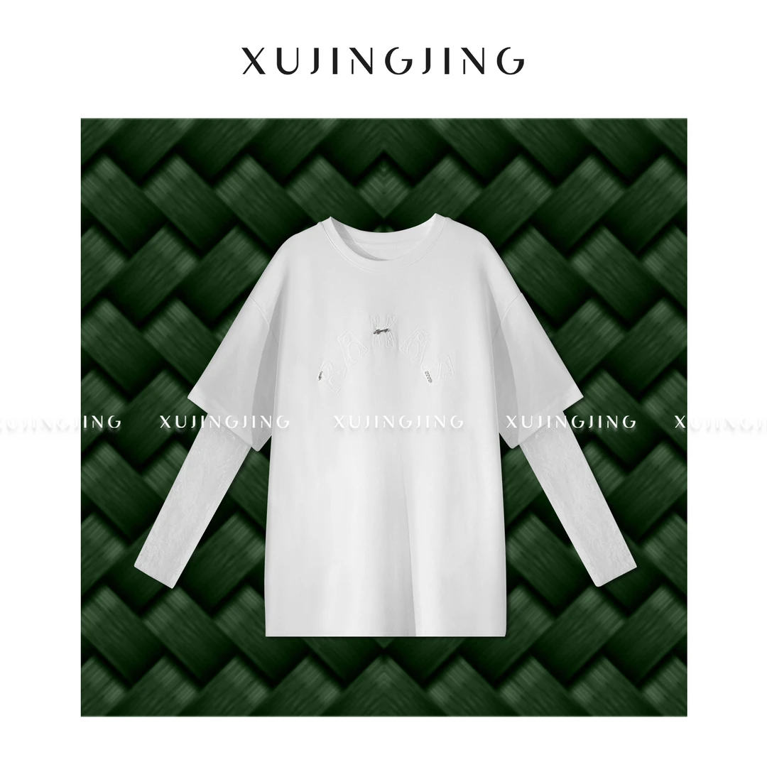 徐靖靖【开春出游】蕾丝假两件长袖显瘦T恤韩版春季洋气衣服2502322