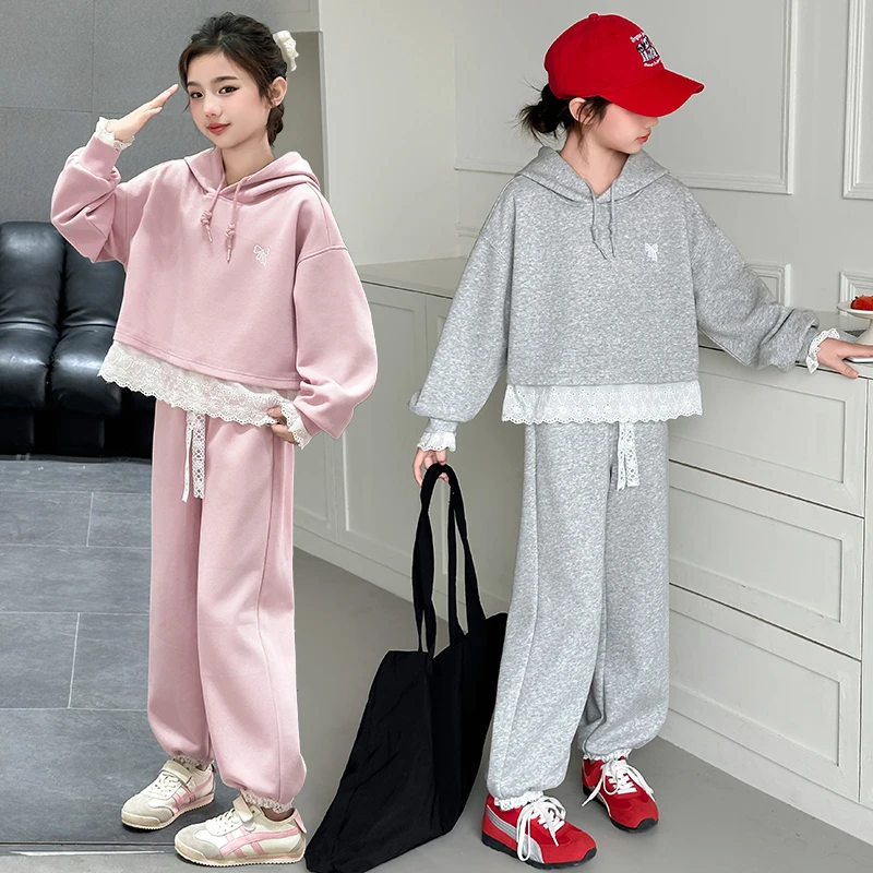 女童春装休闲套装2025新款儿童时髦花边卫衣中大童春季两件套洋气