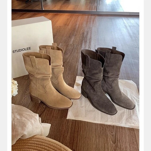 厚底平稳增高增高8cm~圆头V口粗跟厚底显瘦大筒围堆堆冬季高跟鞋