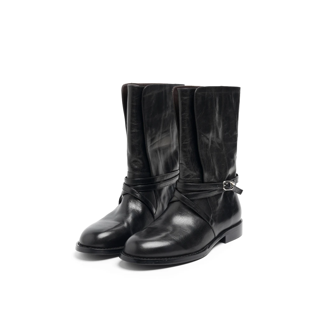 rou家极简银扣中筒靴时尚百搭爆款新款HY2502-903