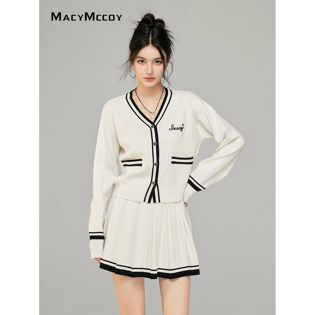 MacyMccoy撞色针织半裙套装女春季小v领开衫百褶裙两件套含绵羊绒