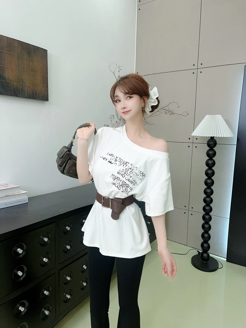 【夏日简讯】简约字母印花宽松设计短袖T恤 加腰带 #8622