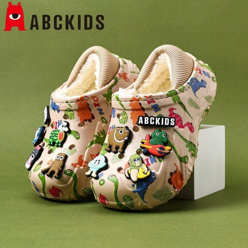 Abckids山海经儿童洞洞鞋男童棉拖鞋冬季新款加绒保暖大童eva软底