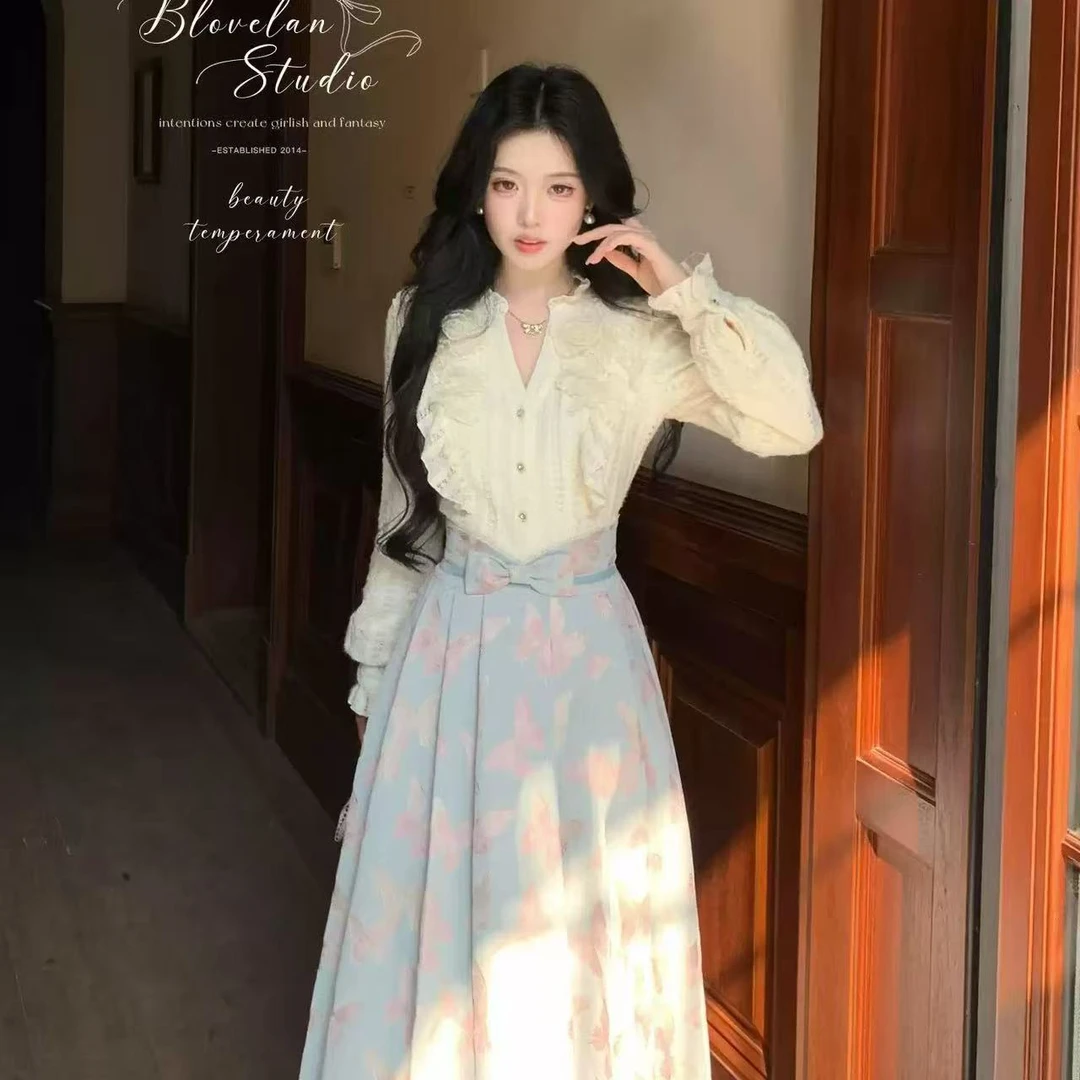 6617气质荷叶边加绒蕾丝衬衫+蝴蝶提花半身裙套装显瘦