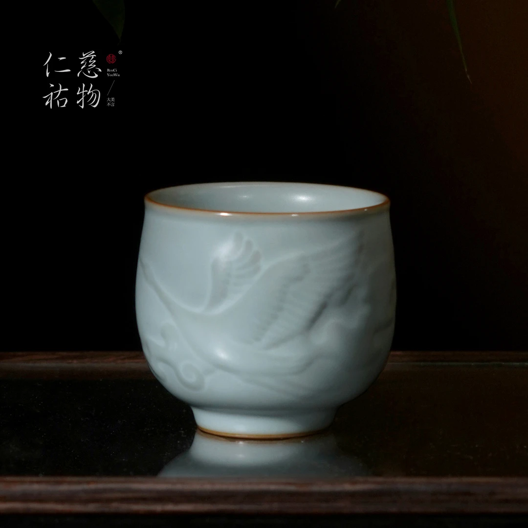 汝窑云鹤杯主人杯单杯复古茶杯陶瓷品茗杯汝瓷茶盏功夫茶青瓷茶具