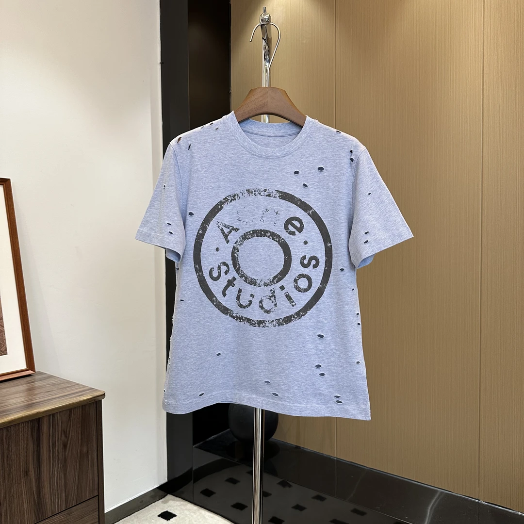 陈邓邓  夏季新款做旧破洞徽标印花圆领潮流女款短袖T恤  5008