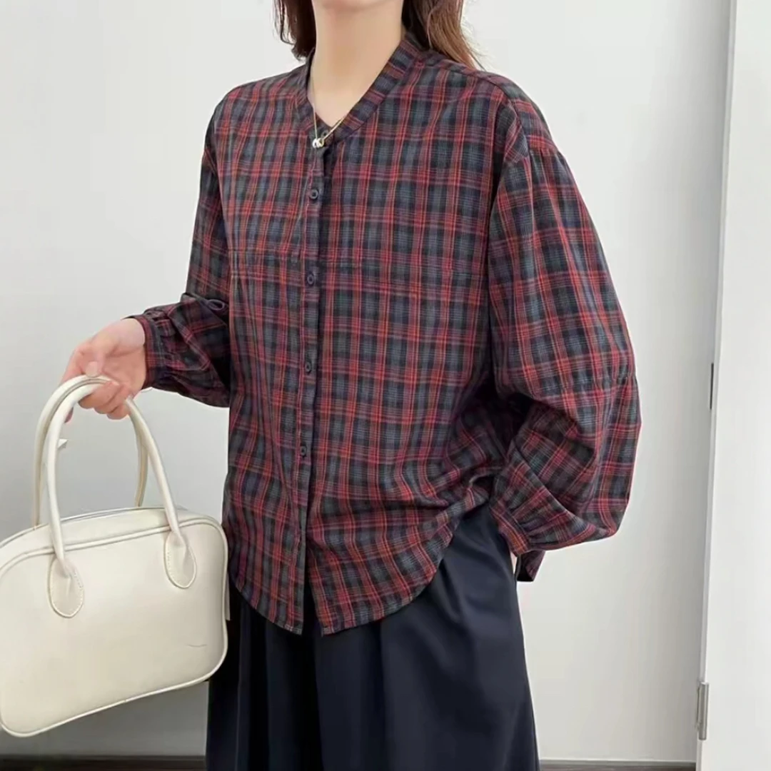 2025秋季爆款设计感立领格子衬衫外套女港风复古宽松显瘦休闲上衣