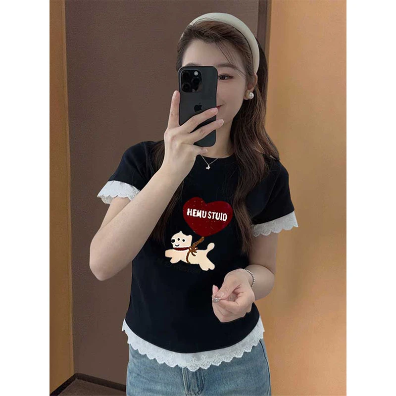 黑色拼接蕾丝小众设计感正肩短袖t恤女时尚洋气2025夏季爆款上衣