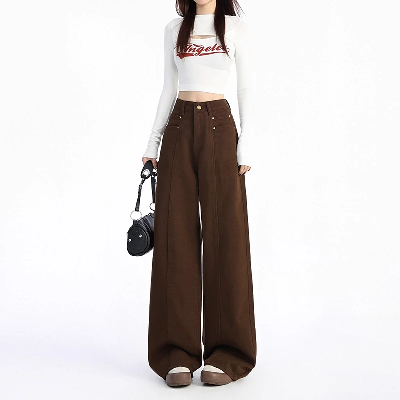 拉夏贝尔美拉德咖色裤子女春秋2025新款宽松高腰直筒牛仔阔腿裤子