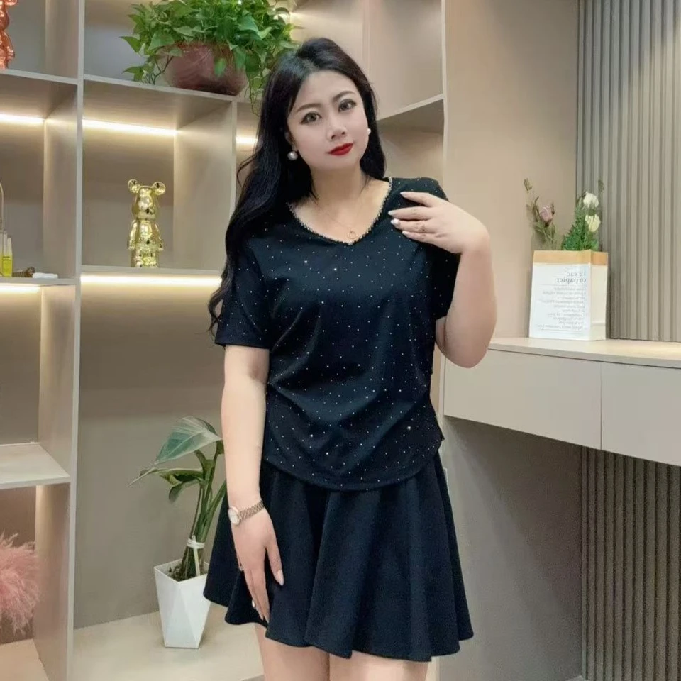 夏季半袖-酷 3507时尚潮流气质亮闪洋气环领设计胖MM大码女装新款