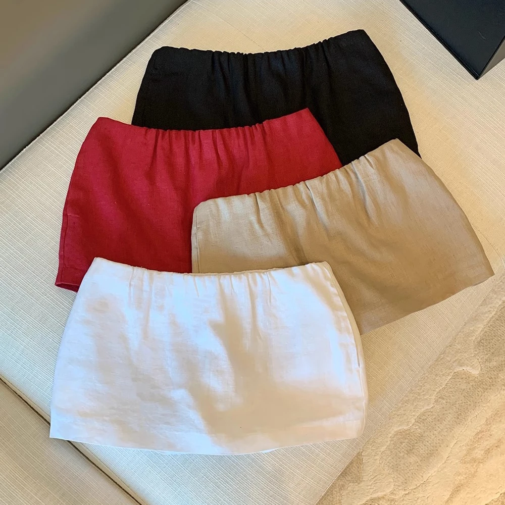 松弛感白色低腰亚麻包臀短裙裤百搭显瘦直筒松紧腰纯欲风半身裙